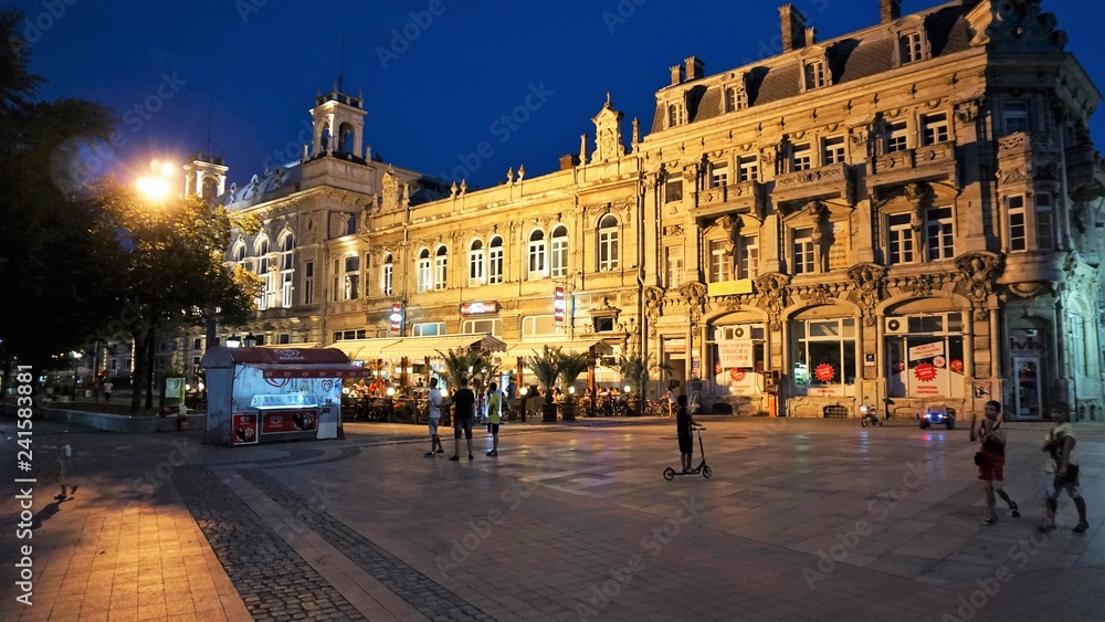 Night sight of Lucrative building, Ruse, Bulgaria. Is building in neoclassicism style and is an architectural masterpiece, designed by the Viennese architect Peter Paul Brank.