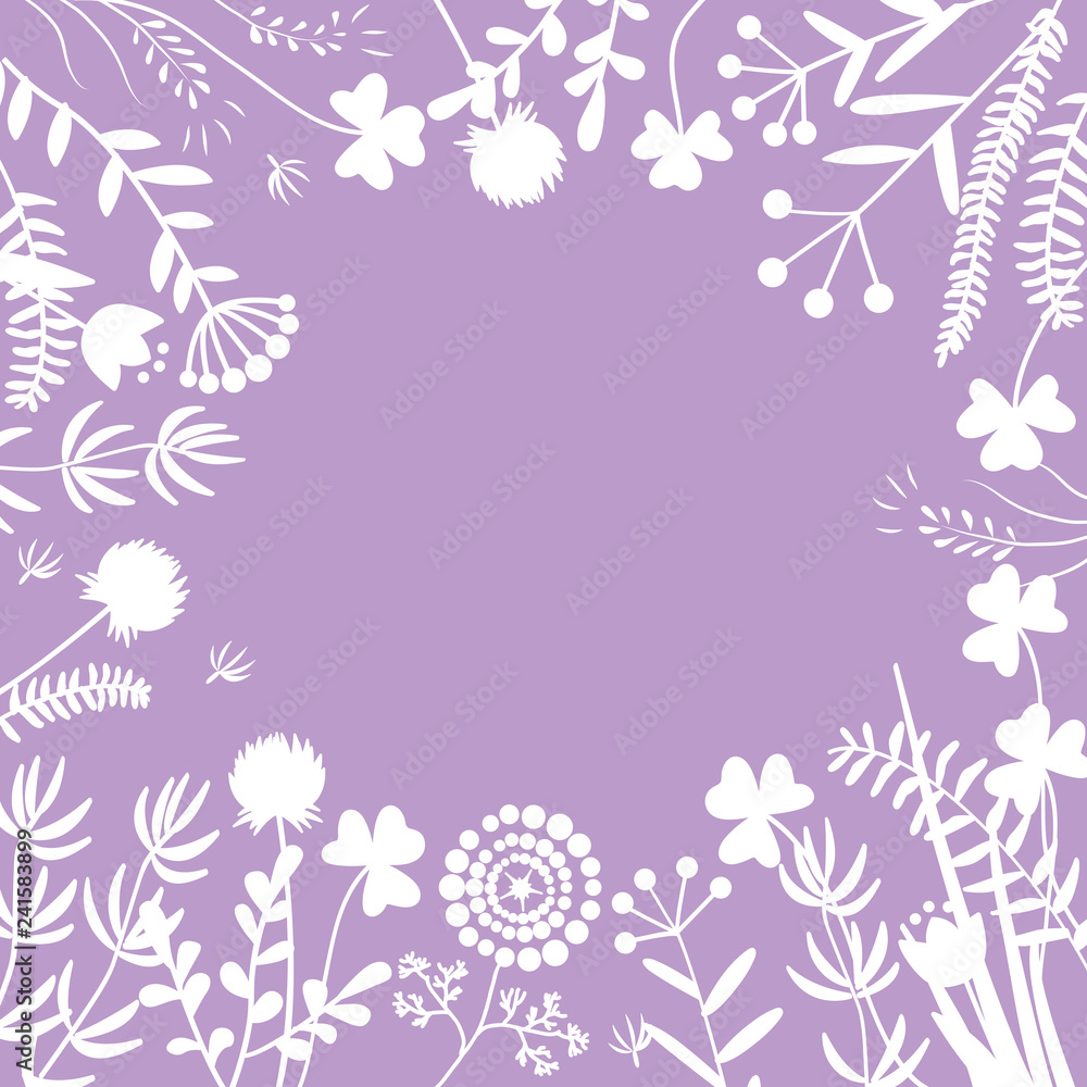 Stylish floral frame, white on purple. Card, template for the invitation.