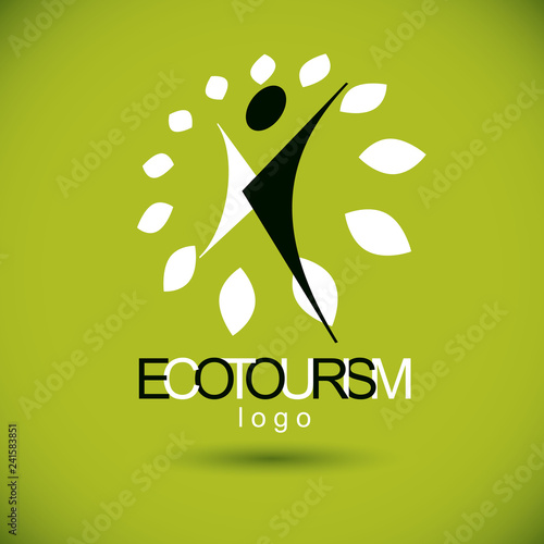 Vector illustration of excited abstract person with raised hands up. Ecotourism conceptual logo. Environmental conservation theme logotype. Green tourism symbol.
