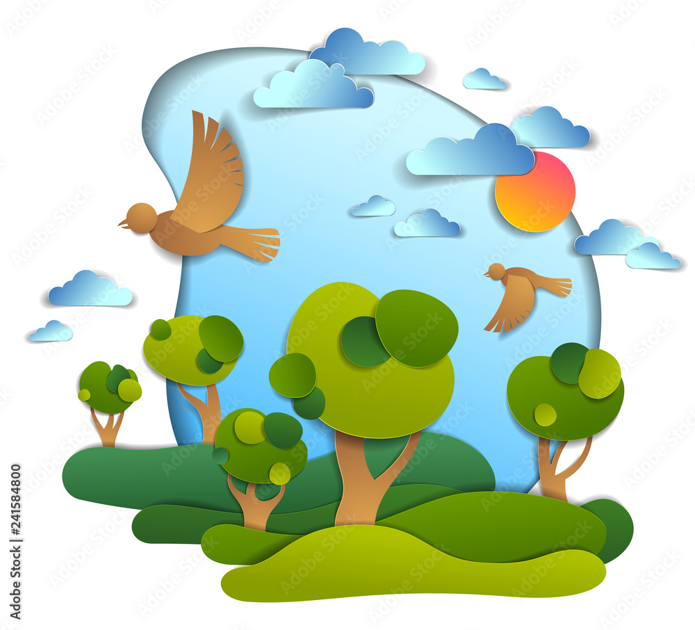 Green fields and trees scenic landscape of summer with clouds birds and sun in the sky, paper cut style childish illustration, holidays in countryside, travel and tourism theme.