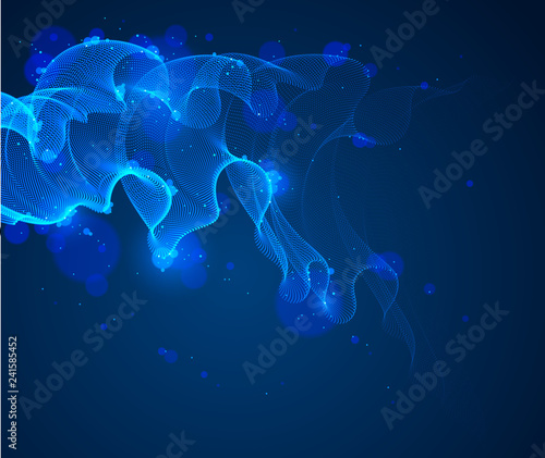Vector abstract background with magic wave of flowing particles over dark, smooth curve shape lines, transparent tulle textile on wind. 3d shape dots magic blended mesh.