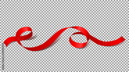 Red satin ribbon isolated on transparent background. Vector illustration of curved satin tape. Abstract object.