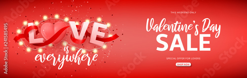 Valentine's Day sale promo seasonal banner. Vector illustration with 3d letters and pink air balloon, confetti, glowing garland with bulbs in shape of hearts. Holiday greeting card.