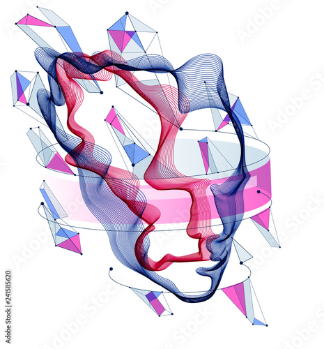 Dotted particles human portrait, abstract human head vector wave shapes array, Artificial Intelligence, pc programming software interface, digital soul.