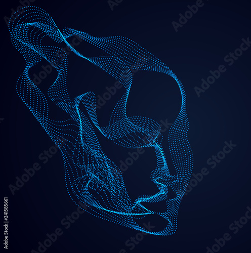 Beautiful vector human face portrait, artistic illustration of man head made of dotted particles array, Artificial Intelligence, pc programming software interface, digital soul.