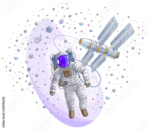 Astronaut went out into open space connected to space station, spaceman floating in weightlessness and iss spacecraft surrounded by undiscovered planets and stars. Vector illustration isolated.