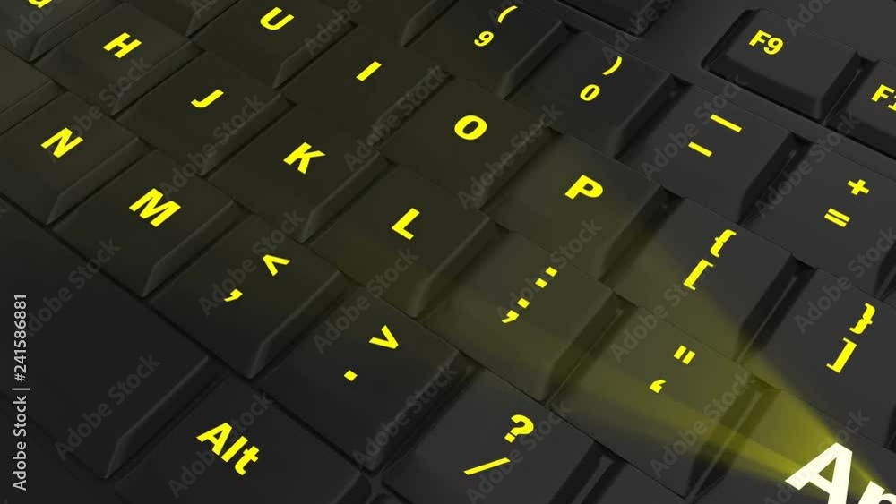 pointing the camera on yellow glowing Apply key on black computer keyboard pointing the camera on yellow glowing Apply key on black computer keyboard