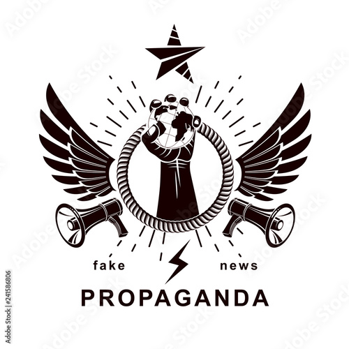 Flyer template composed with loudspeaker equipment, raised arm holds Earth globe and surrounded by rope, vector illustration. People fighting for their rights. Propaganda as political agitation