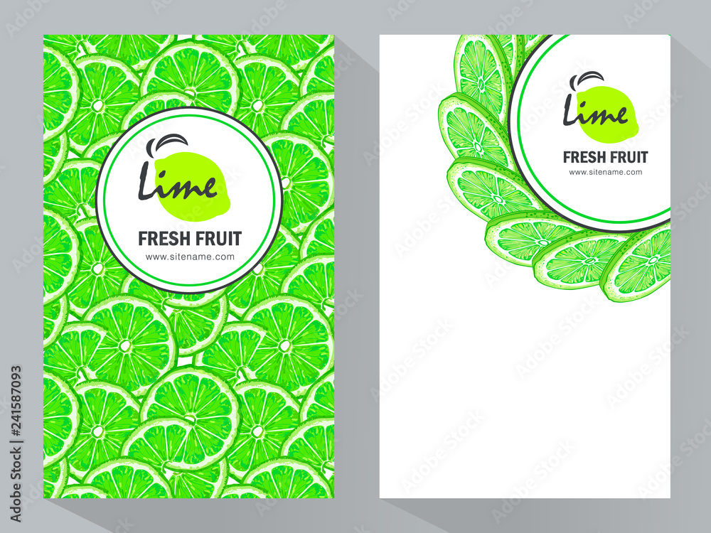 Vertical banners with sliced lime pieces, leaves. Template for design  juice, lemonade,  cosmetic, natural medicine, herbal tea, food menu. Vector illustration.  