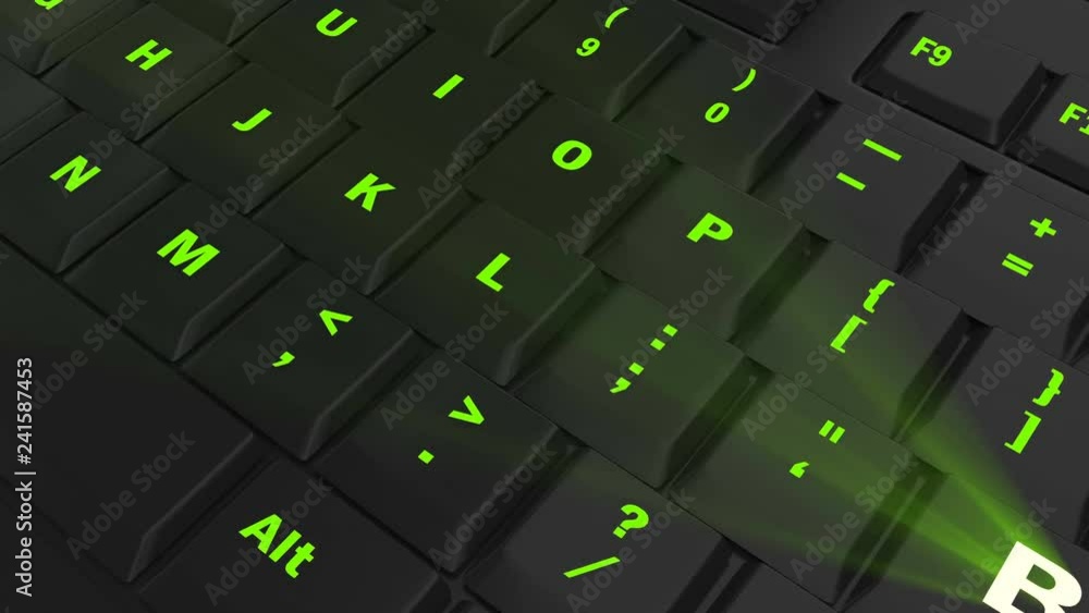 pointing the camera on green glowing Ban key on black computer keyboard pointing the camera on green glowing Ban key on black computer keyboard