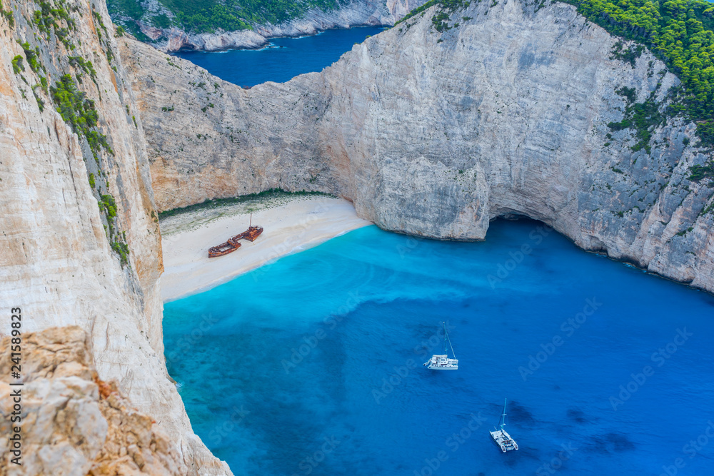 Greece, Zakynthos, Rusty ship wreck in famous paradise bay navagio beach from above