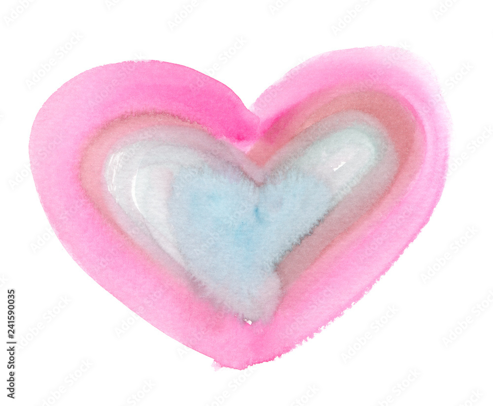 Light pink and tender pale blue heart painted in watercolor on clean white background