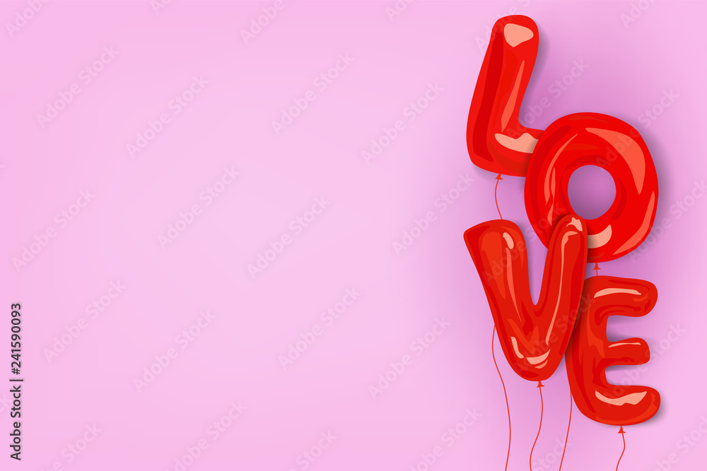 Fototapeta premium red balloon font of love lettering fly on the right side of image with pink background and copyspace. Concept design for valentine's day or love event template in vector illustration