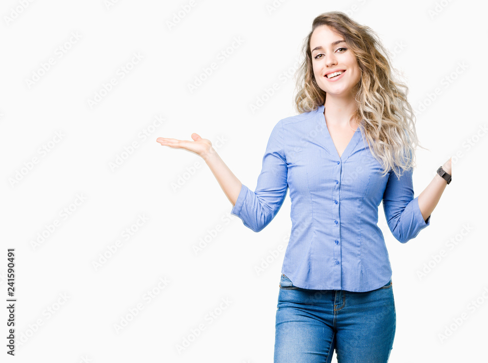 Beautiful young blonde business woman over isolated background Smiling showing both hands open palms, presenting and advertising comparison and balance Beautiful young blonde business woman over isolated background Smiling showing both hands open palms, presenting and advertising comparison and balance