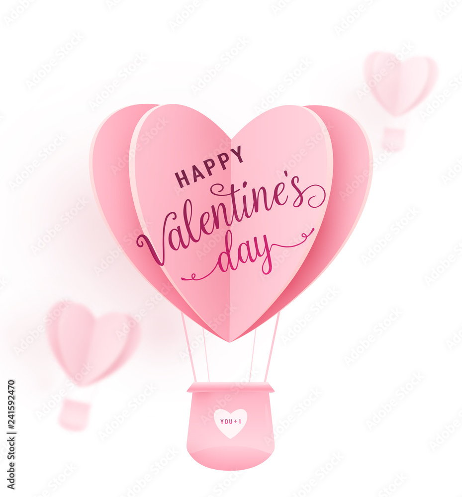 Happy valentines day vector design with paper cut pink heart shape hot air balloons flying on white background. Holiday greeting with love. Vector illustration