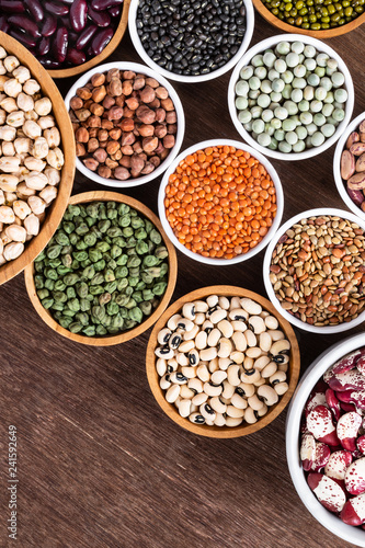 Various assortment of indian legumes - beans, chickpeas, lentils, dal top view. © rostovtsevayu