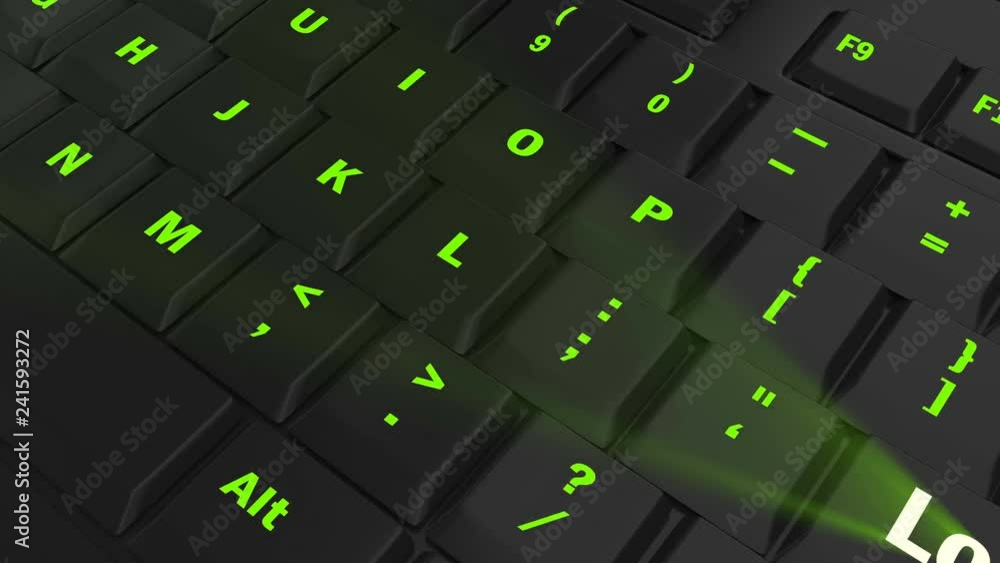 pointing the camera on green glowing Log In key on black computer keyboard pointing the camera on green glowing Log In key on black computer keyboard