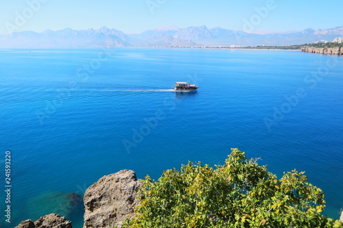 Landscape view and boat in the sea