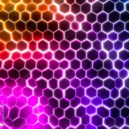 Abstract wave form glow light color hexagonal background. Grunge Polygonal Hex geometry surface . Futuristic colorful technology texture concept. 3d Rendering.
