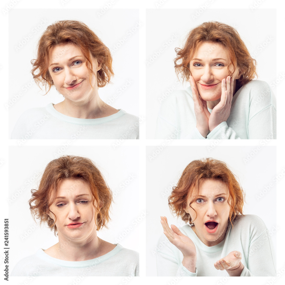The collage from different face expressions of a senior beautiful ginger woman. Happy and sad, surprised and tired. Human emotions concept The collage from different face expressions of a senior beautiful ginger woman. Happy and sad, surprised and tired. Human emotions concept