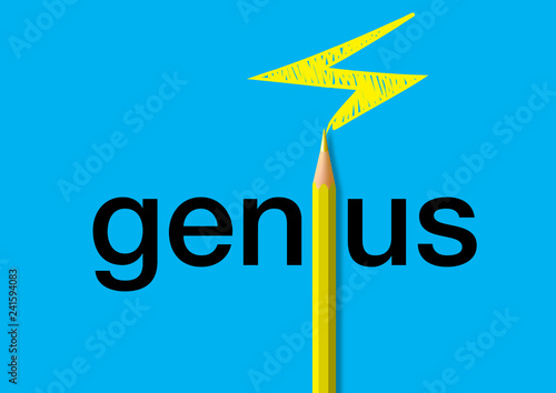 Concept du génie, avec le mot écrit en noir sur un fond bleu et un crayon jaune qui remplace le i et dessine un éclair