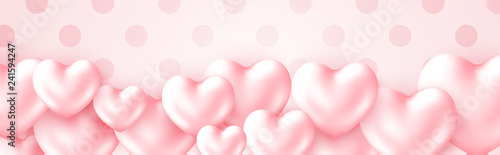 Happy Valentines Day holidays poster with 3d metall shiny Heart Pastel colored. Greeting text on soft pink background.