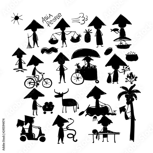 Asian lifestyle, people silhouettes for your design