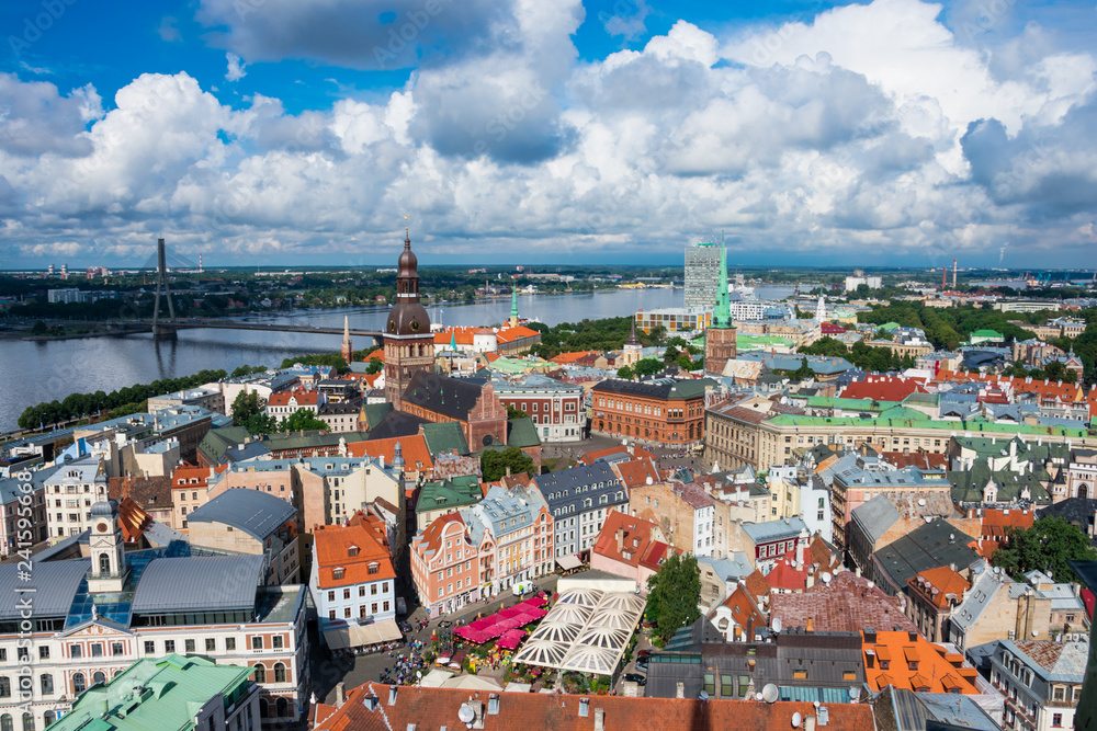Aerial view of Old Town and Daugava River from Saint Peter's Church. Riga, Latvia