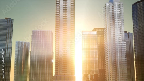 Business skyscrapers at sunset reflected in windows, Bangkok, Thailand. Vintage filtered.