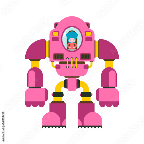 Children fighting robot. Little girl exoskeleton. mechanical technology robotic skeleton. Iron suit robot.  Metallic clothing cyborg. Vector illustration