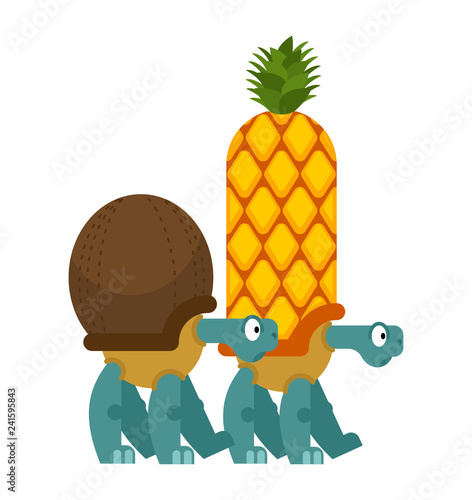 Turtle Pineapple and Coconut. tortoiseshell in shape of coco. tropical Fruit and Nut Shell reptile