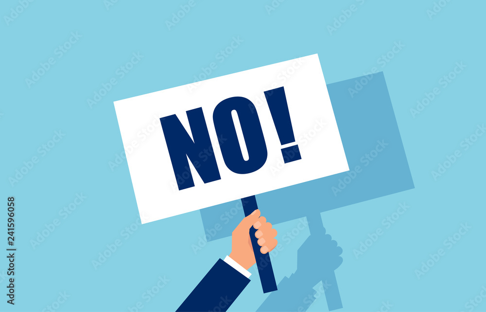 Vector of a business man hand holding a No answer choice placard