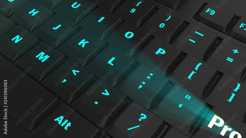 pointing the camera on blue glowing Program key on black computer keyboard pointing the camera on blue glowing Program key on black computer keyboard