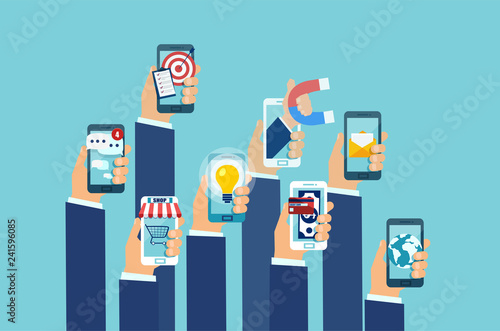 Vector of multiple hands holding smartphones with mobile applications.
