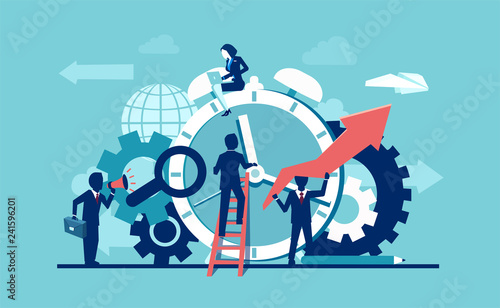Vector of businesspeople company team working around alarm clock rings on blue background.