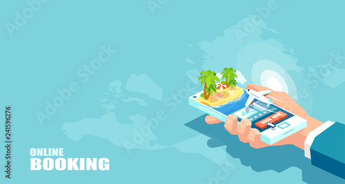 Vector vacation tourism and online booking of airline tickets concept. Buying travel package.