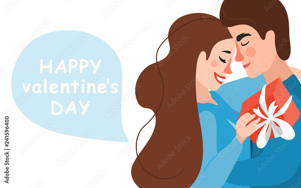 Happy valentines day vector design with hug couple in love, gift present on white background. Holiday greeting with love. Vector illustration Happy valentines day vector design with hug couple in love, gift present on white background. Holiday greeting with love. Vector illustration