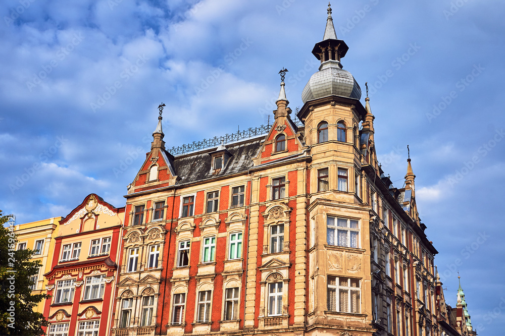 Facade of historic tenement house on the market in Swidnica in Poland..