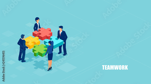 Isometric vector of business people solving a problem in team isolated on blue background.