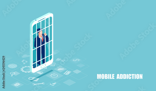 Vector of a businessman addicted to cellphone.