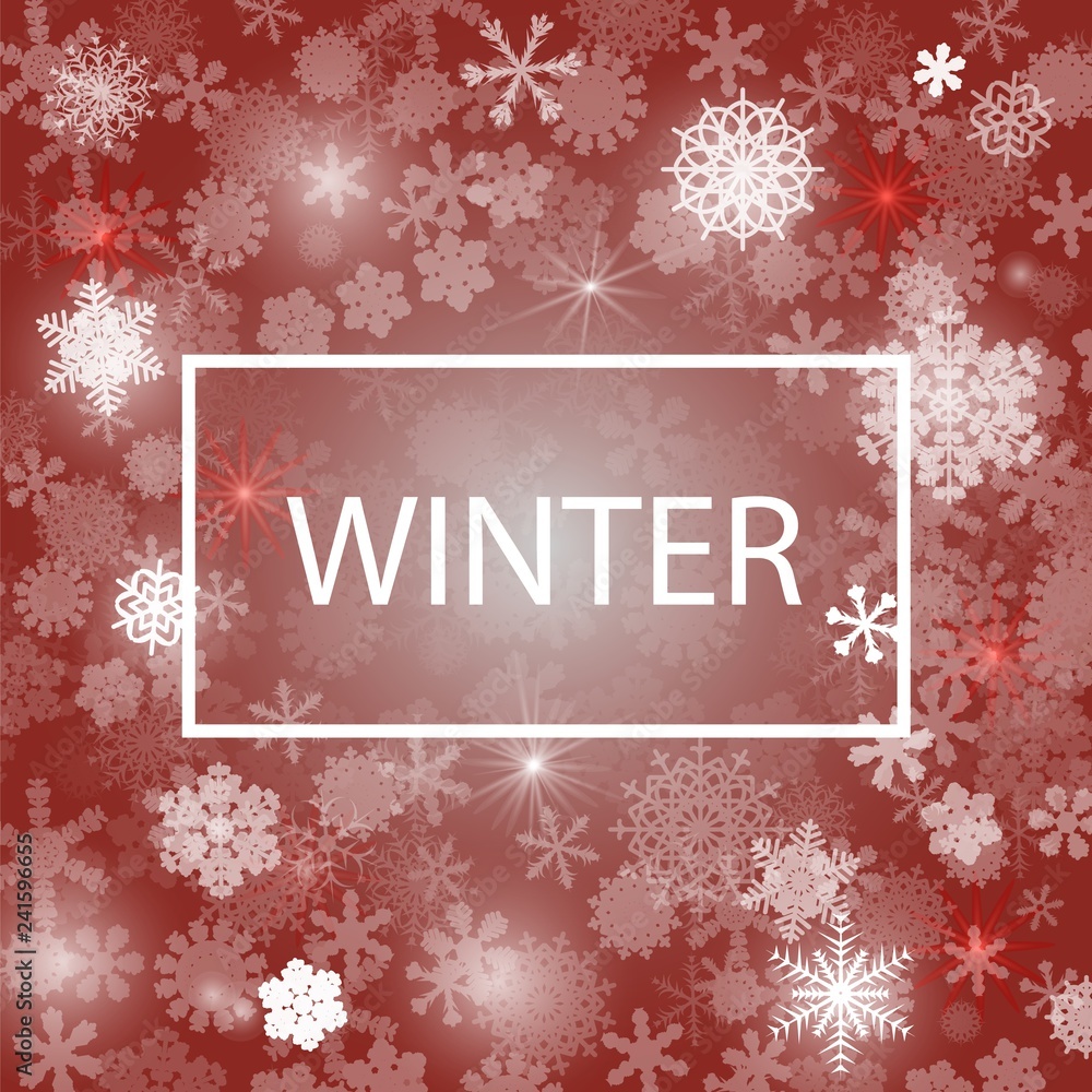 Abstract red background. A lot of different shining snowflakes. Banner Winter. Vector illustration. Eps 10.