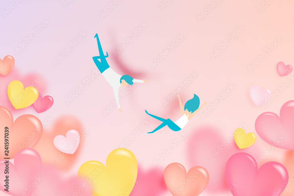 Couple falling in love with a lot of heart background and romantic pastel color