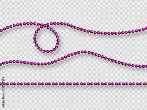 Realistic purple beads isolated on transparent background. Decorative elements for holiday design, Mardi Gras carnival. Vector illustration.
