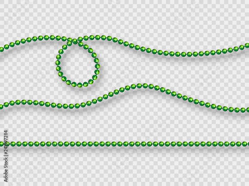 Realistic green beads isolated on transparent background. Decorative elements for holiday design, Mardi Gras carnival. Vector illustration.