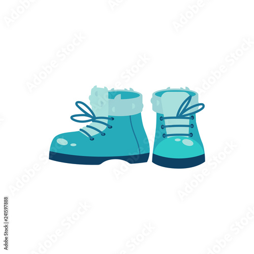 Winter footwear vector illustration in flat style - cute turquoise warm shoe with fur top and shoelaces for walking or sports. Seasonal boots for wearing in cold weather isolated on white background.