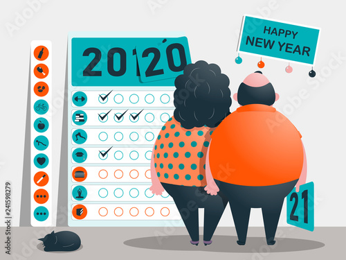 The objectives, plan and goals for the years 2020 - 2021. Calendar of useful and bad habits and addictions. Funny fat characters. Happy New Year. Vector illustration.