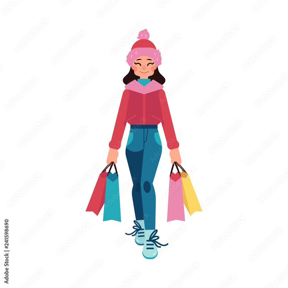 Vector illustration of woman with shopping bags in flat cartoon style - young female character in warm winter clothes buying gifts for holidays isolated on white background.