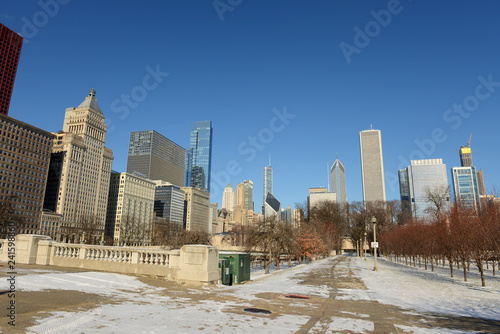 View of downtown Chicago with blue skies