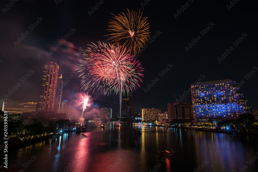 Bangkok new year 2019 countdown fireworks Cityscape river side for Celebration Bangkok new year 2019 countdown fireworks Cityscape river side for Celebration