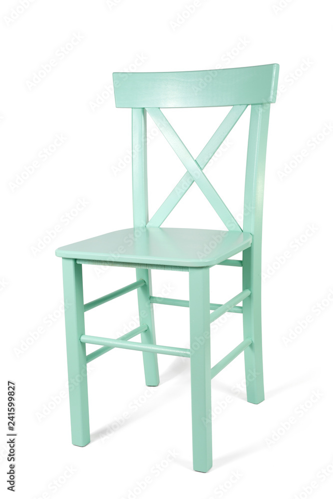 Studio Shot Of Turquoise Wooden Chair Isolated On White Background Studio Shot Of Turquoise Wooden Chair Isolated On White Background